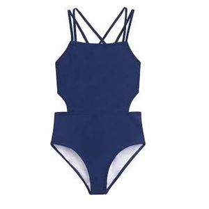 Kanu Surf Girls' Beach Sport Cut-Out 1-Piece Swimsuit in Solid Navy New With Tag